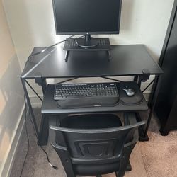 Monitor, Desk, Chair, keyboard tray, wireless keyboard, wireless mouse, chair pad, monitor