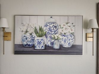 Beautiful Large Framed Canvas of Classic Cobalt Blue and White Chinoserie Ginger Jars