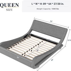 Queen Size Bed Frame with Ergonomic & Adjustable Headboard, Low Profile Modern Upholstered Platform Sleigh Design - Easy Assembly, No Box Spring Requi