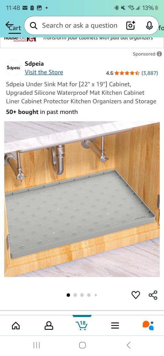 Sdpeia Under Sink Mat for [22" x 19"] Cabinet, Upgraded Silicone Waterproof Mat Kitchen Cabinet Liner Cabinet Protector Kitchen Organizers and Storage