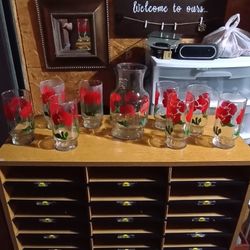 Vintage Poppy Glasses And Juice Decanter 