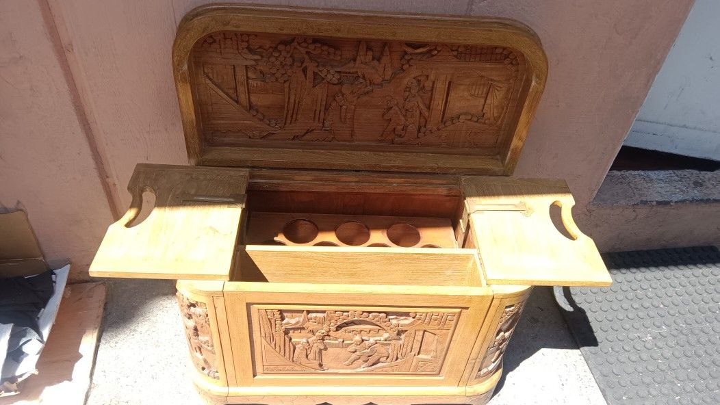 Mid-century Chinese Mini Hand Carved Teakwood Bar