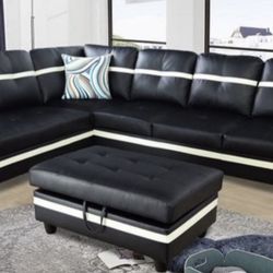Black Leather Sectional Couch And Ottoman