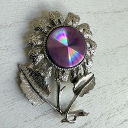 Jewelerama Vintage Purple Rivoli Flower Brooch Silver Tone Mid Century Floral Pin