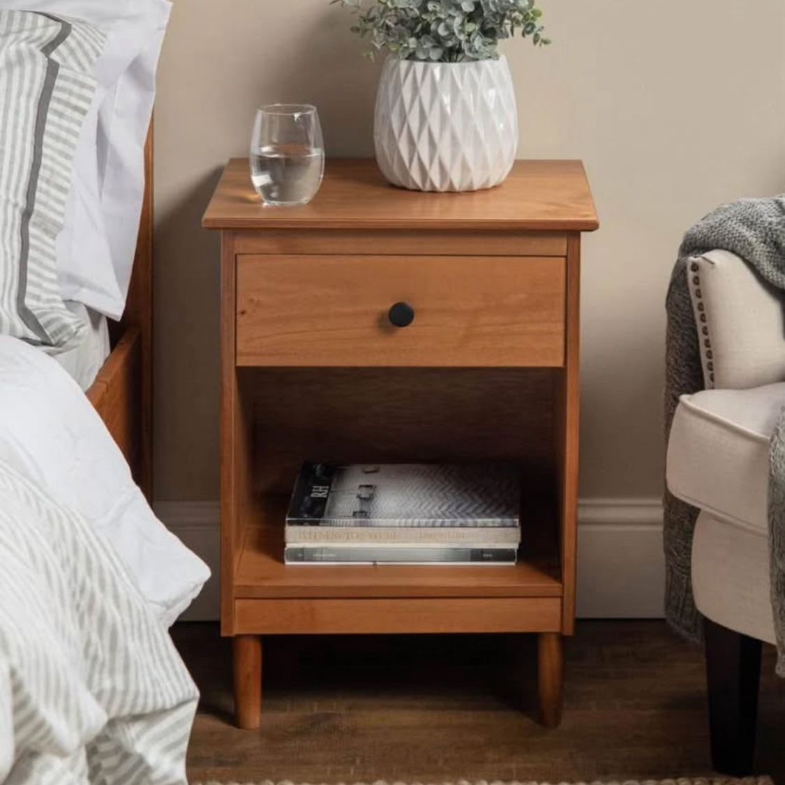 2 New Caramel Wood Nightstands with Storage Drawers 