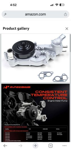 A-Premium Engine Water Pump with Gasket Compatible with Cadillac CTS 2009-2015 Chevrolet Camaro 2012-2015 Caprice 2011-2015 Corvette 2009-2013 SS 2014