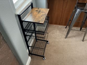 Rolling Storage Cart with Pull-Out Drawers – Rustic Wood Top, Black Metal – Like New