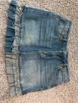Denim Mini Skirt with Frayed Ruffle Hem