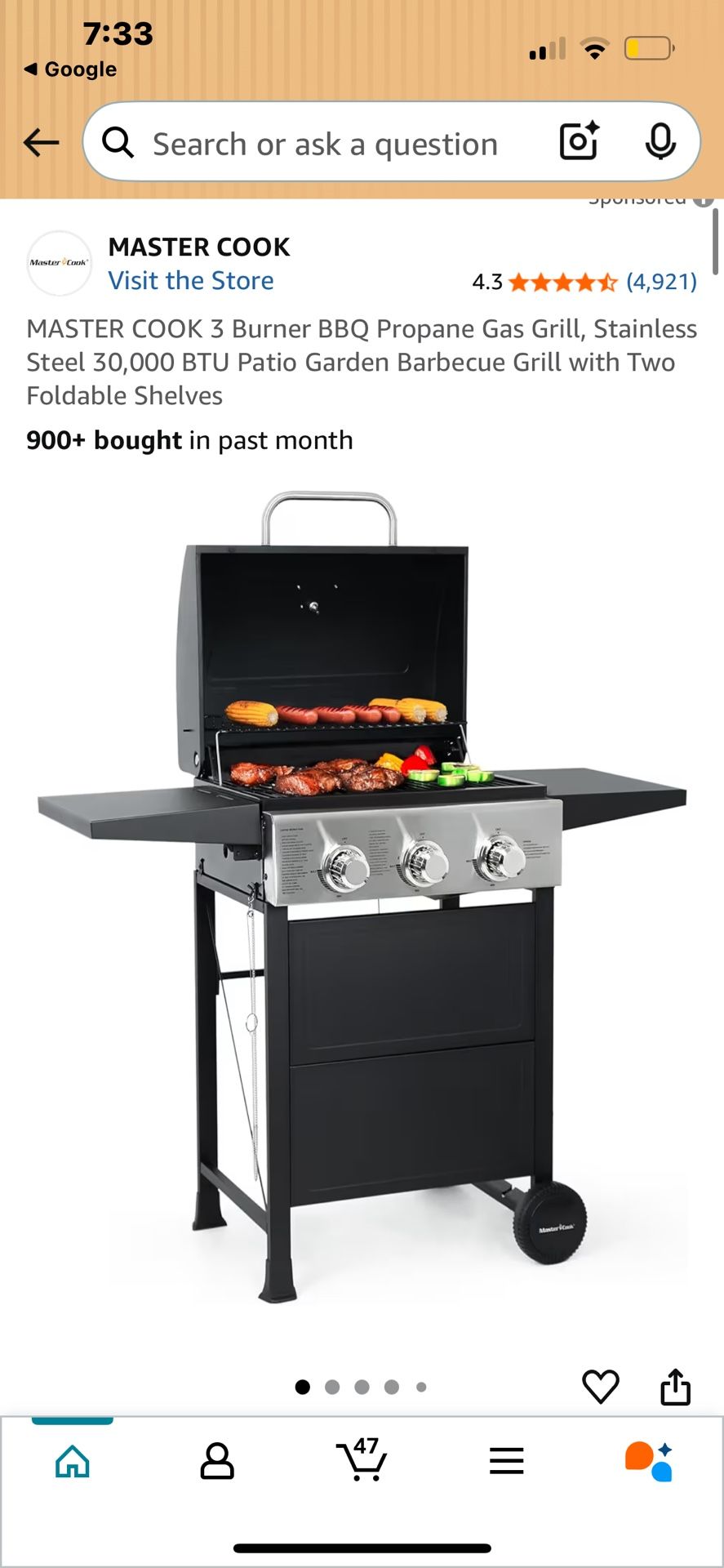 BRAND NEW MASTER COOK 3 Burner BBQ Propane Gas Grill, Stainless Steel 30,000 BTU Patio Garden Barbecue Grill with Two Foldable Shelves