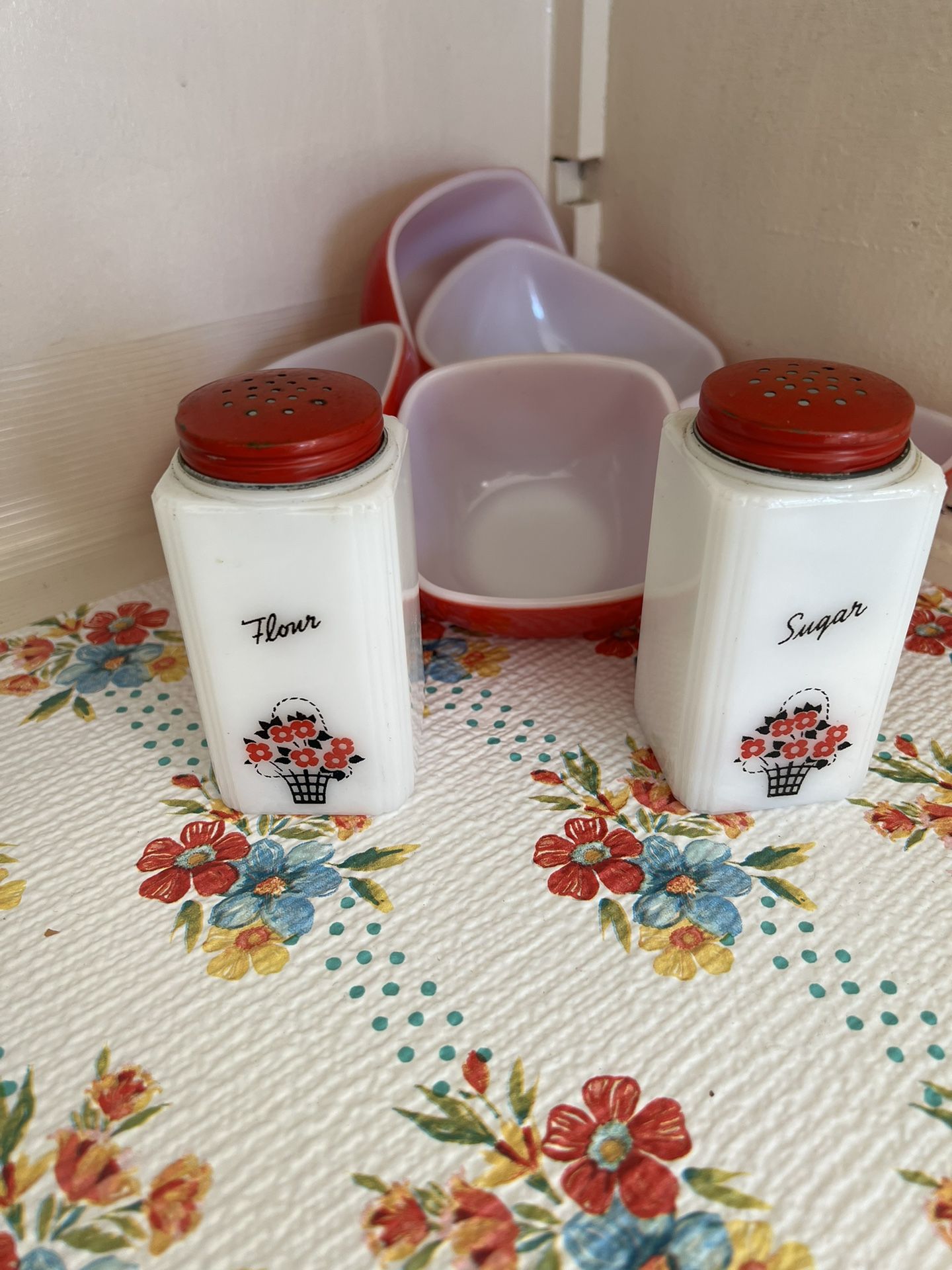 Milk Glass Vintage Flour & Sugar Jars / Bowl Set