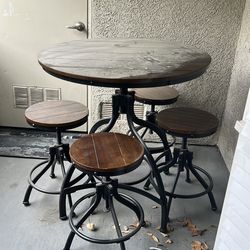 Industrial Rustic Dining Table Set w/ 4 Swivel Stools