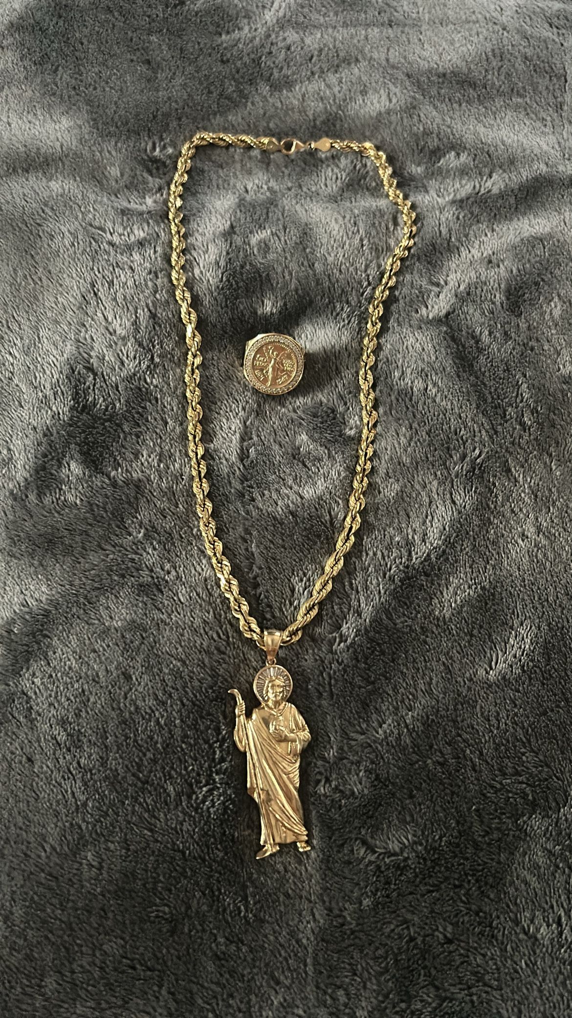 14k Gold Rope Chain/San Judas Pendant & 14k Gold Centenario Ring