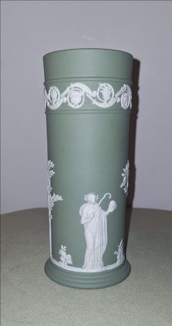 Vintage Wedgwood Sage Green Jasperware Cylinder Spill Vase-XLNT Vintage Condition