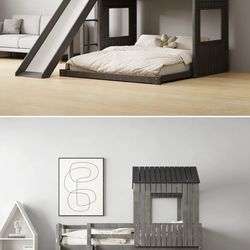 Wooden L-Shaped house style bunk bed w/slide Harper Orchard