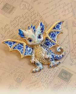 Blue and White Enamel Baby Dragon Brooch Pin with Gold-Tone Details