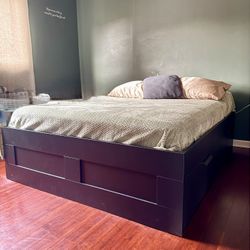 Dark Brown Bed Frame with Storage Drawers