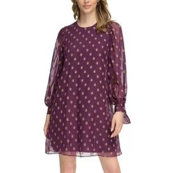 NWT Calvin Klein Burgundy & Gold Long Sleeve Dress (Size 4)