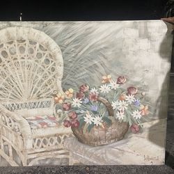 “Large Mid-Century Modern Oil Painting by Lee Reynolds Burr – Vanguard Studios Floral Still Life Chair Basket 1960s”