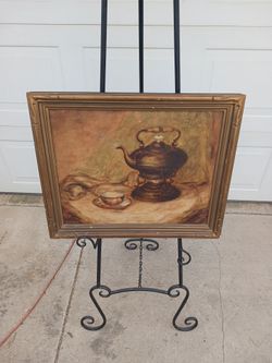 Vintage framed teapot oil on board painting signed E. Tettleton