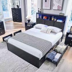 Queen LED Bed Frame with Storage Headboard, Charging Station & 4 Drawers Bed,Black