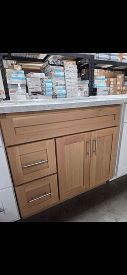 36" Oak Finish Bathroom Vanity with Marble Top