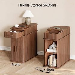Set of 2pcs Fluted End Table with Charging Station, Narrow Side Table with Drawe