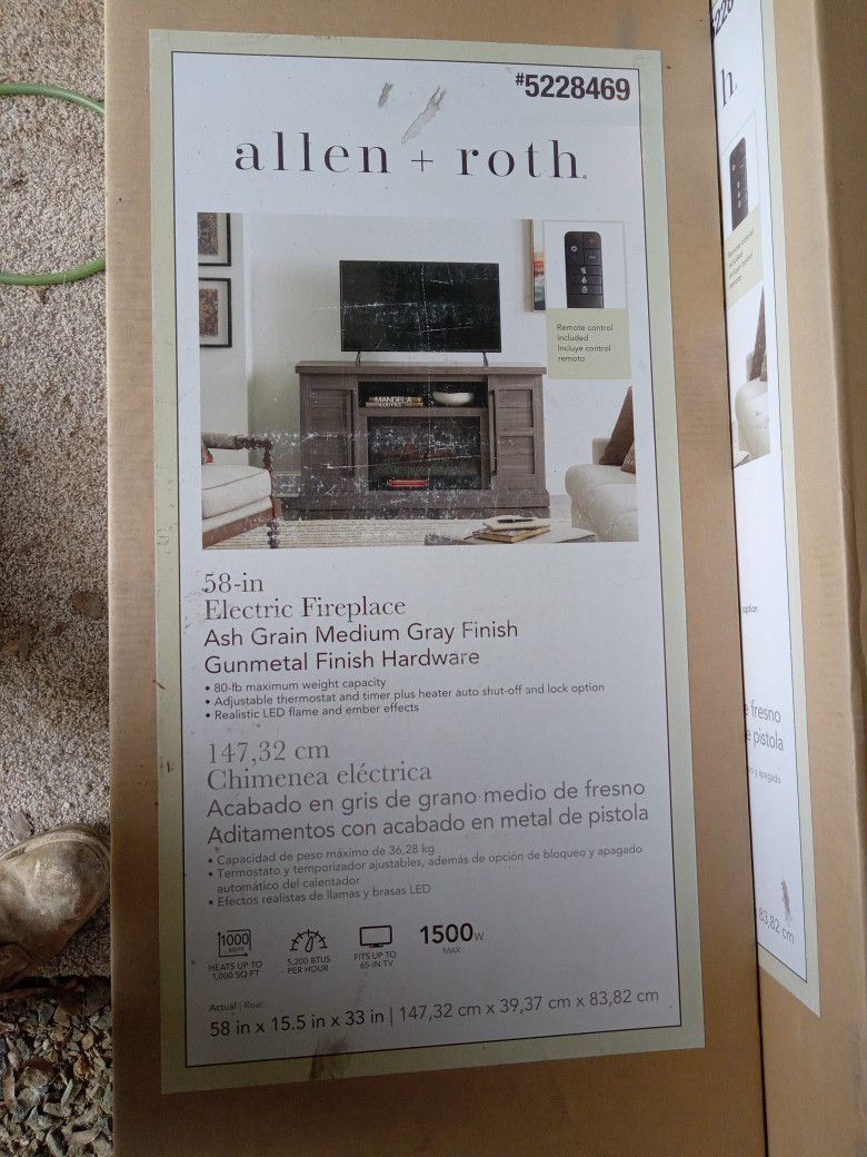 NEW Allen Roth 58" Electric Fireplace Ash Grain Medium Gray Finish