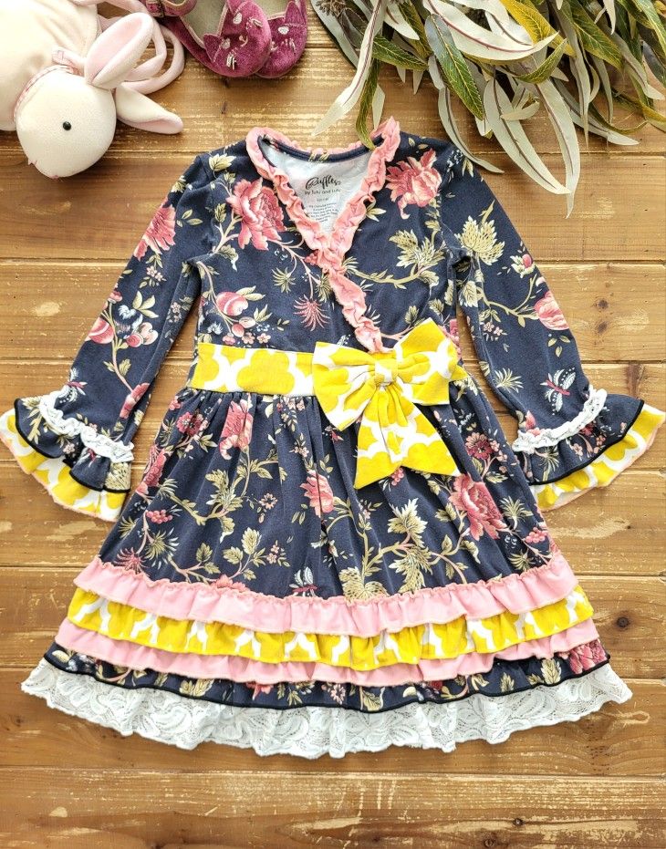 SIZE 7-8 GIRLS BOUTIQUE MULTICOLOR PRINT/PATTERNS RUFFLE KNIT LONG-SLEEVE LONG TUNIC