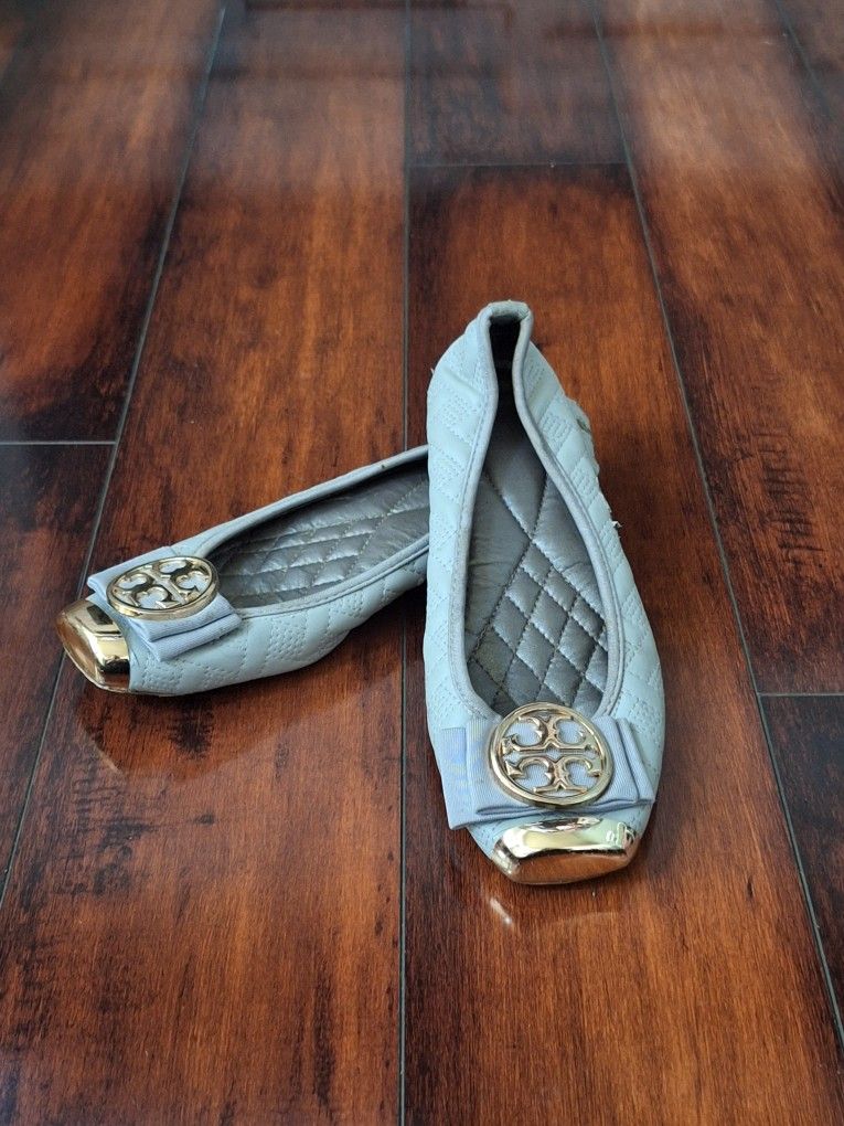 Tory Burch Claire Quilted Gray Ballet Flats, Size 7