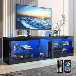 ChVans Modern LED TV Stand for TVs up to 70" with Adjustable LED Lights/Outlet, High Gloss Entertainment Center with Open Shelves Storage, Media Conso