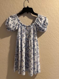 Blue Floral Puff Sleeve Mini Dress Girls Size 5