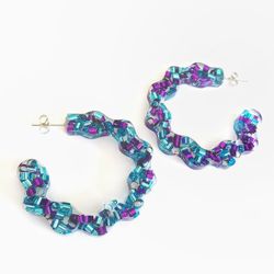 Sparkly blue and purple resin hoops earrings with hypoallergenic posts new 