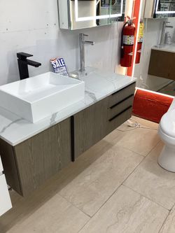 48” bathroom vanity cabinet new James Martin light wood with vessel sink ready for pick up today Quartz top