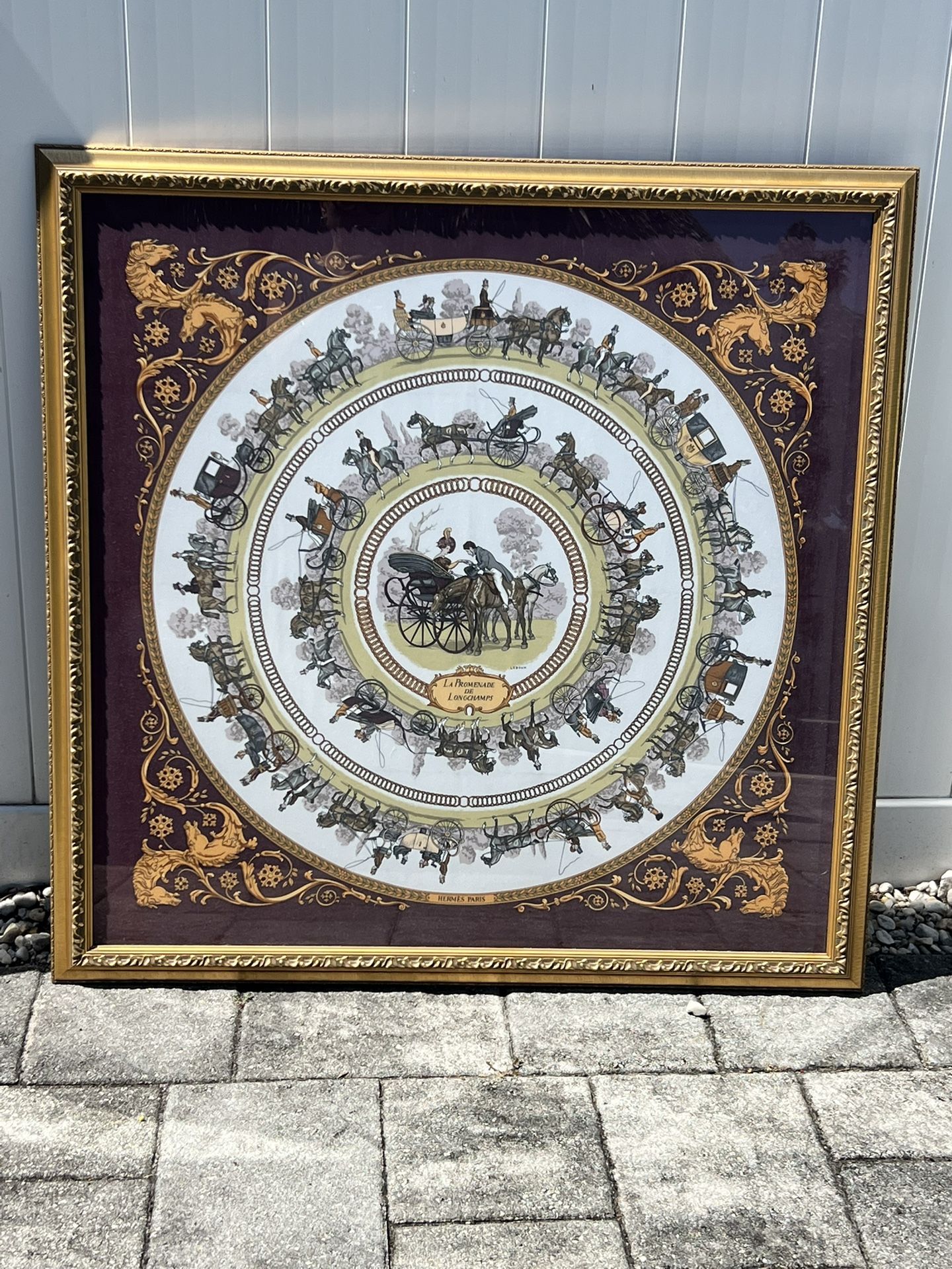 Framed equestrian, HERMES SILK SCARF La Promenade de Longchamps"