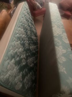 Bed frame and Unused twin mattress and box spring - with frame and head foot boards