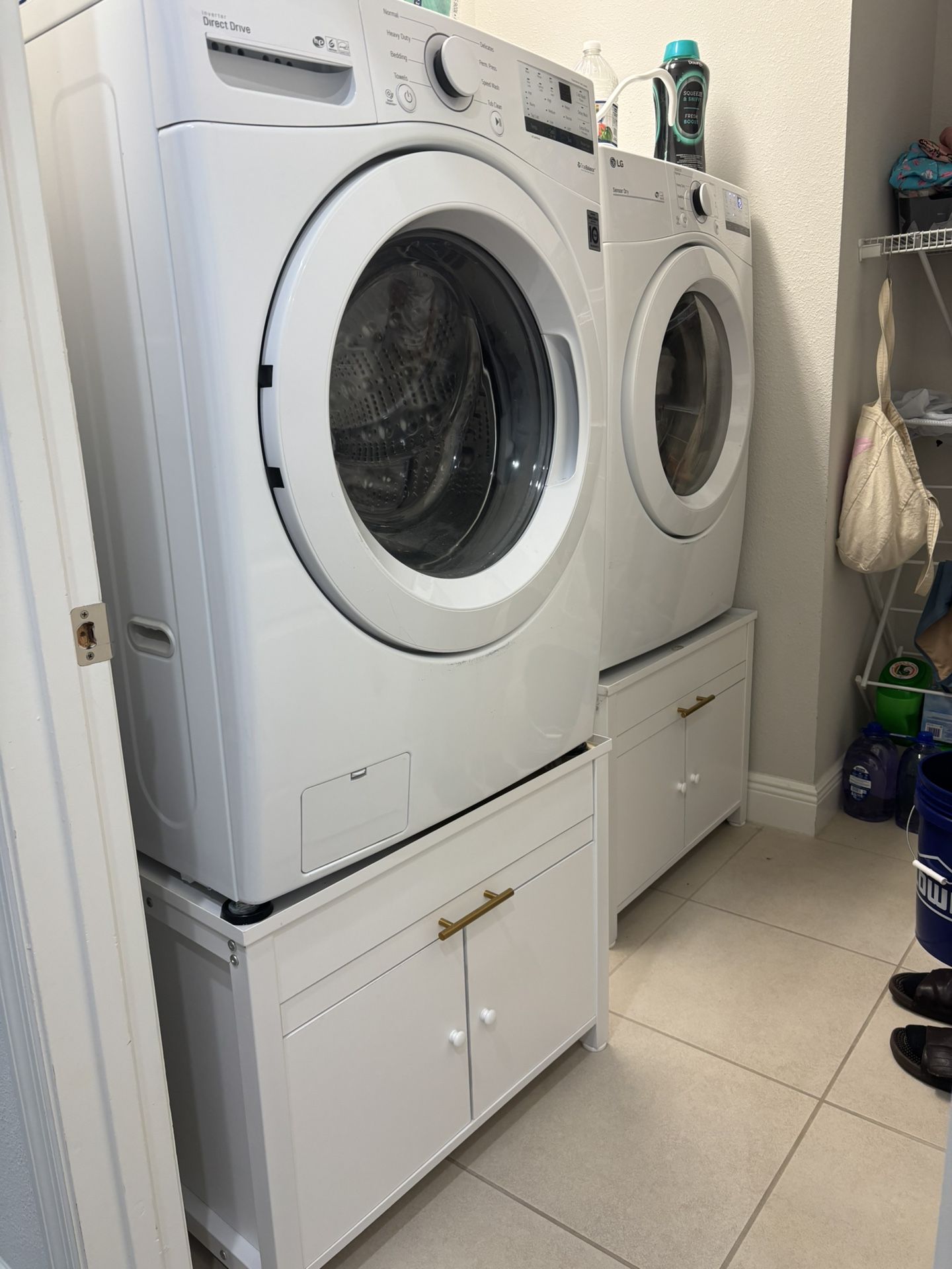 Heavy Duty Metal Washer and Dryer Stand 29" Universal Fit Anti-Vibration Washing Machine Stand with Laundry Basket Shelf and Built-in Drain Pan + Hose