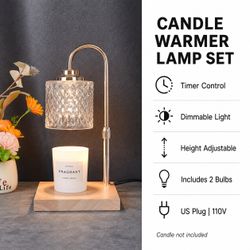 New Natural Wood Candle Warmer Lamp Set - Timer, Dimmable + 2 Bulbs