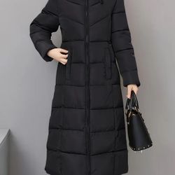 Stylish Long Zip Up Puffer Coat With Hoodie N Pockets