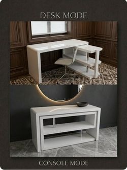 Modern Gloss White L Desk & Swivel Transformer Console Table
