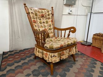 Vintage Wooden Rocking Chair w/ 19th Century Patterned Upholstery
