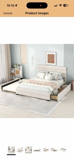Queen Upholstered Storage Bed with Trundle & 2 Drawers – Beige – $250