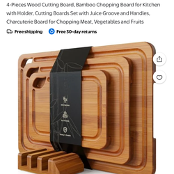 4-Pieces Wood Cutting Board, Bamboo Chopping Board for Kitchen with Holder