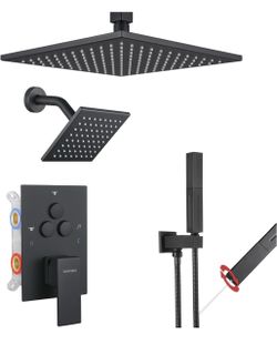 Matte Black Shower System,Push Button Diverter Shower Faucet Ceiling Mount 10 Inch &6 inch Shower Head