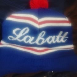 Vintage Labatt Blue Beer Knit Beanie Winter Hat with Pom