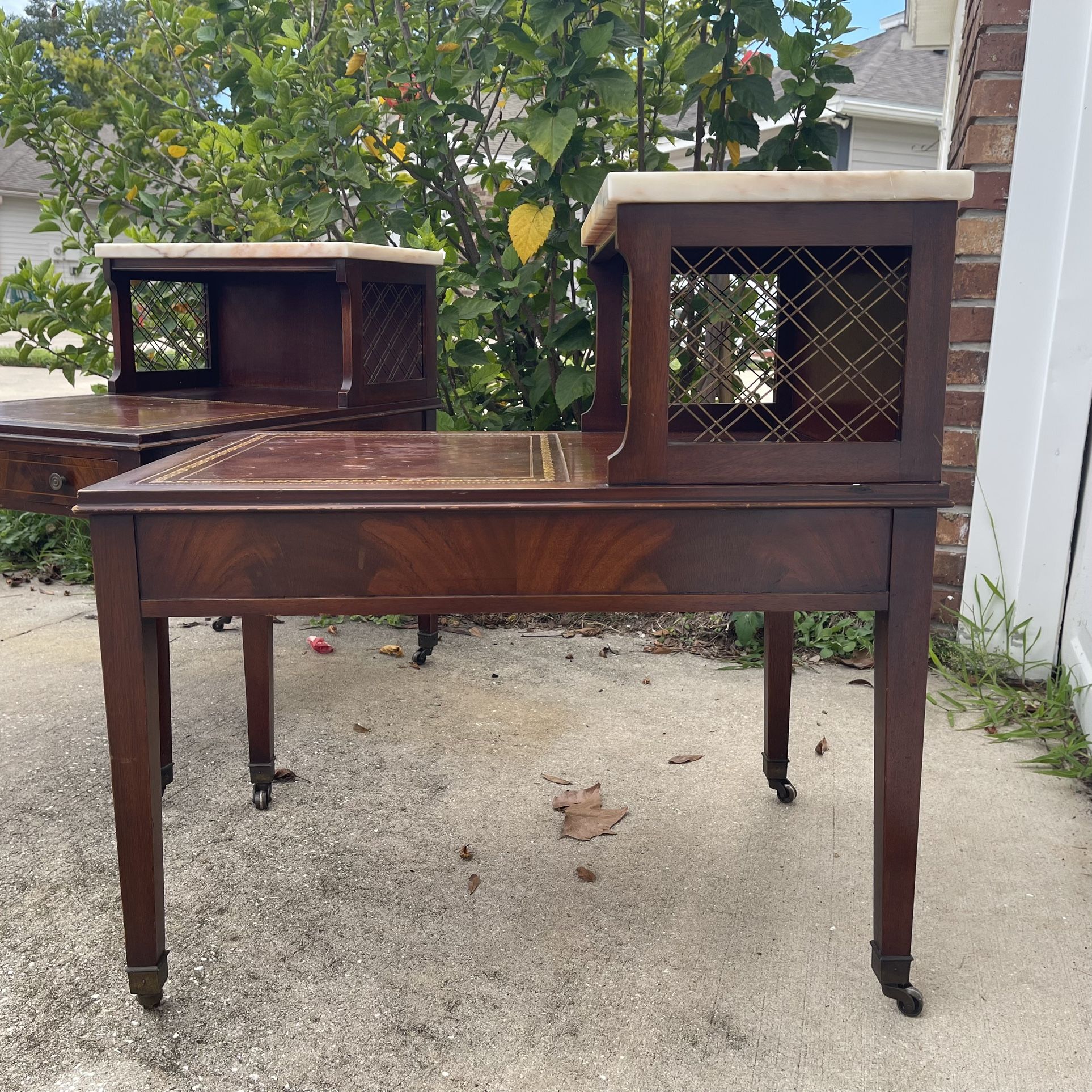 Pair of MCM Mahogany Step Tables w/ Marble Tops