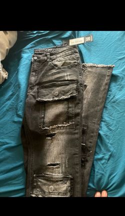 Black Distressed Cargo Denim Jeans with Tags