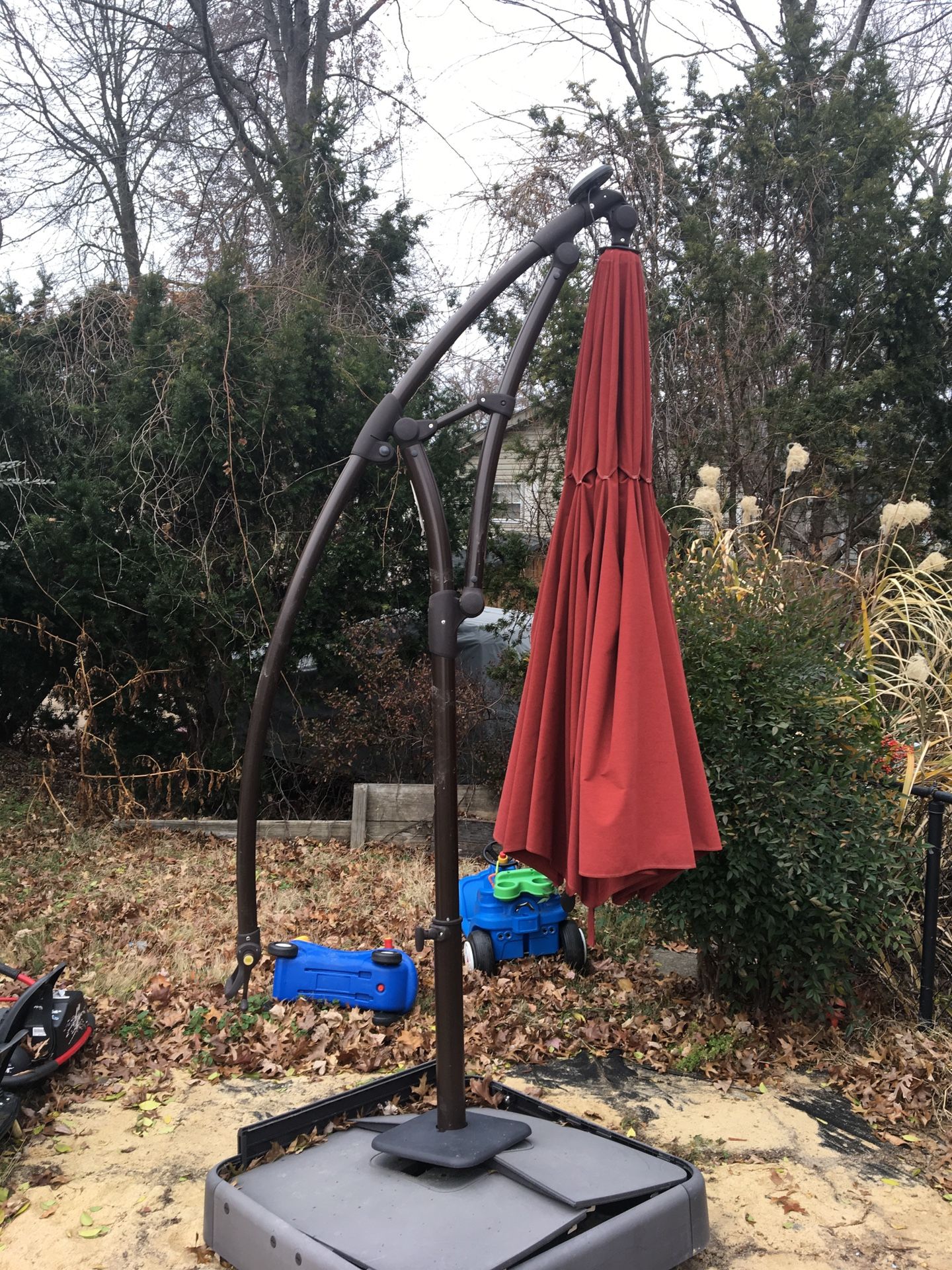 Red umbrella with solar power lights