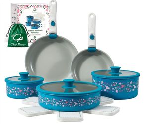 Ceramic Cookware Set Non Toxic with Detachable Handles, Healthy Nonstick Decal Pans and Pots Set 14 Pcs, Induction Dishwasher Oven Safe Kitchen Set, T