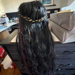 Girl size for Halloween 🎃 Long Black Wavy Wig with Gold Braided Headband