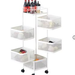 5 Tier Rotating Kitchen Storage Rack, Metal Mesh Kitchen Trolley Cart with Top Lid, Storage on Rolling Wheels for Fruit Vegetable Grocery Storage